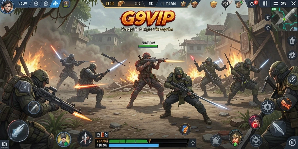Screenshot gameplay G9VIP yang menunjukkan aksi pertempuran strategi yang dinamis.