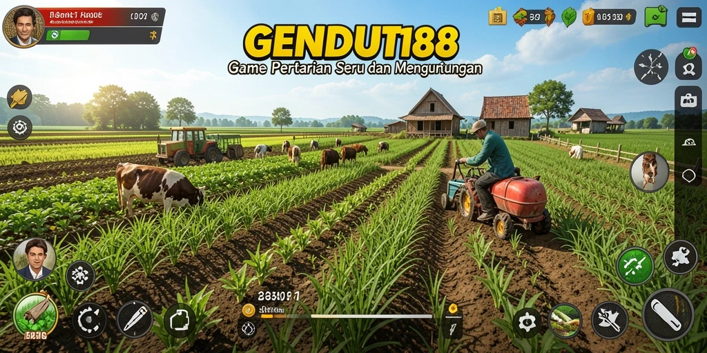 Tampilan gameplay GENDUT188 dengan ladang yang subur dan hewan ternak yang ceria.