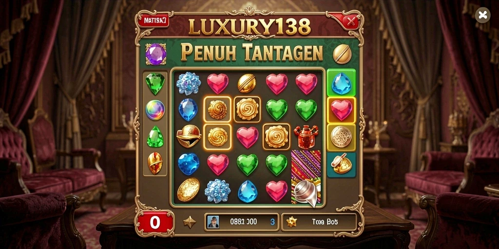 Screenshot utama LUXURY138 menampilkan aksi mencocokkan permata yang seru.