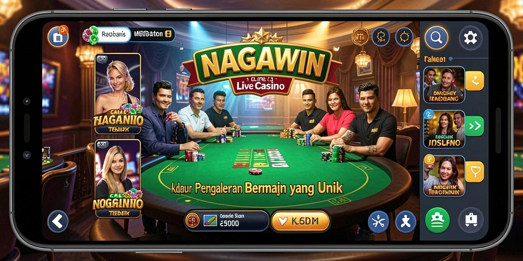 Tampilan gameplay <strong>NAGAWIN</strong> yang menampilkan dealer langsung dan suasana kasino.