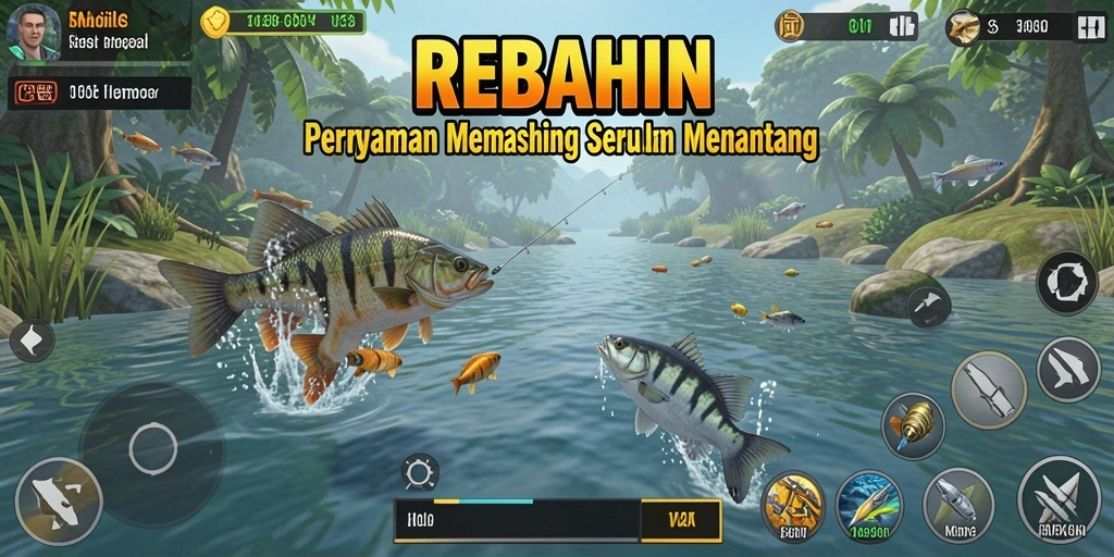 Tampilan gameplay REBAHIN saat menangkap ikan di lokasi indah.