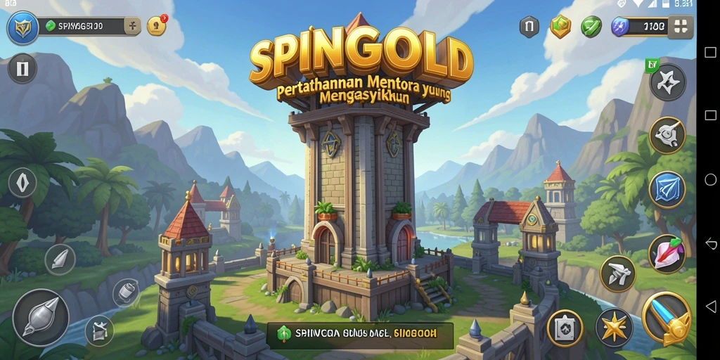 Screenshot SPINGOLD menampilkan aksi seru Tower Defense dengan menara berstrategi.