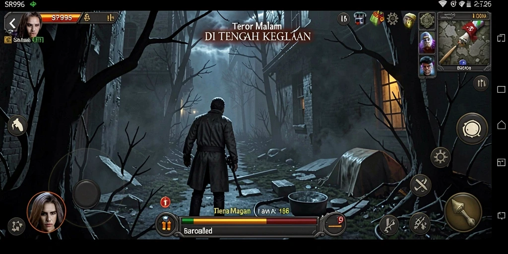 Screenshot gameplay SR996 menampilkan suasana mencekam dan kegelapan yang menghantui.