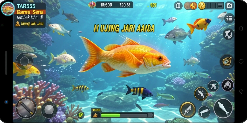 Screenshot menunjukkan gameplay Tembak Ikan yang menarik dan penuh warna.