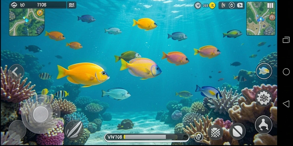 Screenshot utama VW108 menampilkan aksi seru menembak ikan.