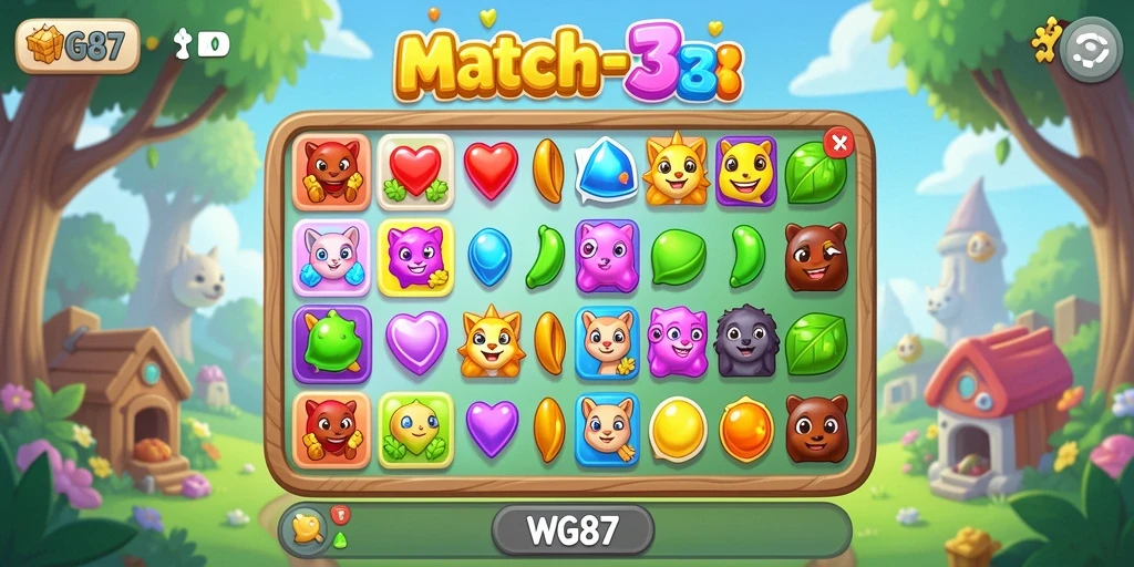 Tangkapan layar gameplay WG87 dengan aksi Match-3 seru.